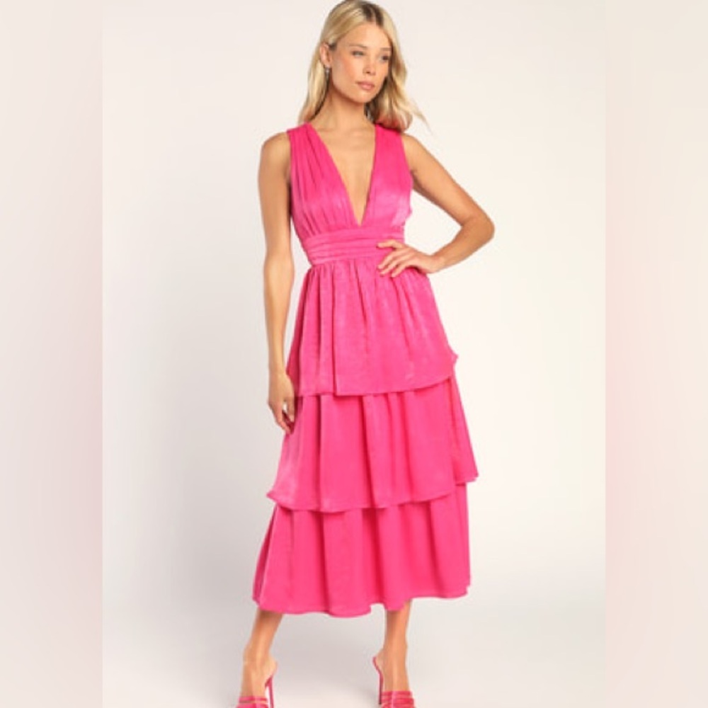Lulu's Hot Pink Tiered Midi Dress